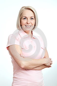 Friendly smiling middle-aged woman isolated on white background