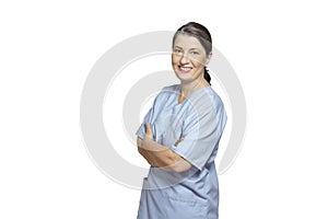 friendly smiling older nurse white background