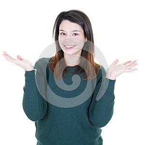 Friendly smiling young woman isolated on white background girl looking surprised