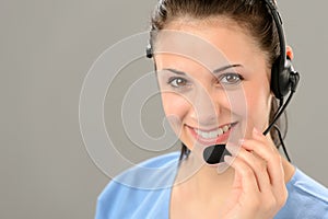 Friendly support phone operator wearing headset