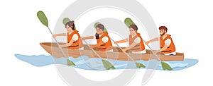 Friendly team rowing in boat together. Concept of effective collaboration and organized teamwork. Good relationship