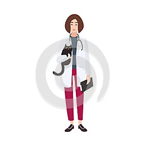 Friendly veterinary physician, veterinarian or vet wearing white coat and holding cat. Cheerful female cartoon character