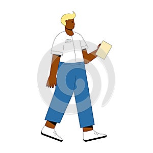 Friendly waiter man holding menu. Flat vector illustration.