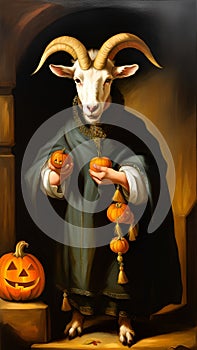 friendly white goat with horns presenting Halloween pumpkins