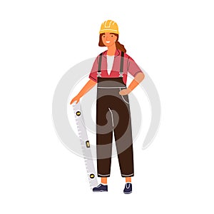 Friendly woman architect holding constructing ruler vector flat illustration. Happy female industrial worker in overalls photo