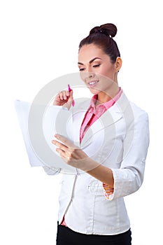 Friendly woman holding papers. All isolated on