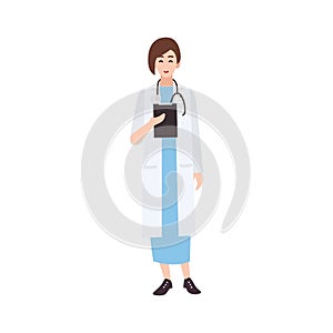 Friendly woman physician, doctor, medical specialist or practitioner dressed in white coat. Pretty female cartoon