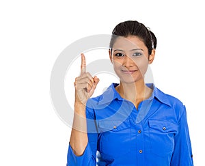 Friendly woman, showing index finger