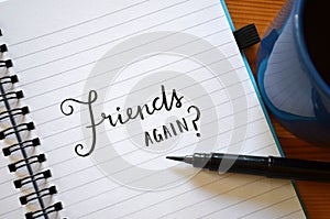 FRIENDS AGAIN? hand-lettered in notebook