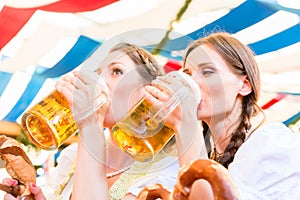 Friends in Bavarian beer tent drinking