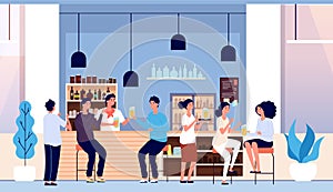 Friends in beer bar. Flat people with glasses, waiter and happy man woman. Cafe interior, guys drinking alcohol. Group