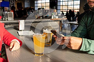 Friends celebrating with beers in a pub