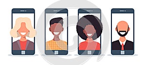 Friends chatting online flat vector illustration. Relatives using smartphones, cellphones for video conferencing, making calls.