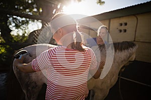 Friends cleaning horse at barn