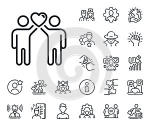 Friends couple line icon. Friendship sign. Assistance business. Specialist, doctor and job competition. Vector