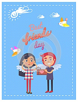 Friends Day Card with Boy Giving Present Girl