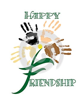 Friends day. Holiday card. Handprint. Flower. Lettering. Vector illustration.