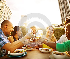 Friends Dining Outdoors Party Cheerful Toast Concept