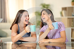 Friends drinking and laughing hilariously at home photo