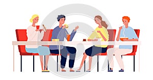 Friends eating. Happy people meeting and have a dinner sitting at the table in restaurant or cafe vector characters