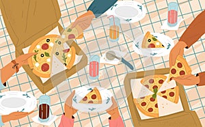 Friends eating pizza at restaurant vector scene