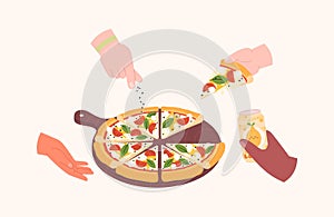 Friends eating pizza together. Meeting with friend, hands hold pizza slice and drinks. Party with fast food, cartoon