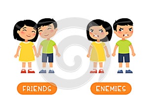 Friends and enemies antonyms flashcard vector template.