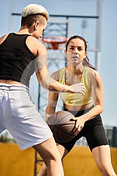 friends energetically playing basketball on an