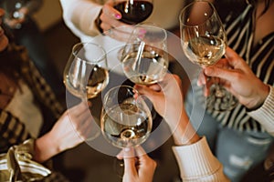 Friends enjoy a cheerful toast with white wine glasses