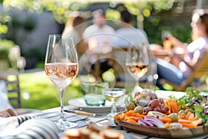 Friends enjoy a summer garden party with fresh food and wine