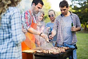 Friends enjoying bbq party and smiling in nature