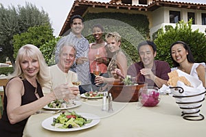 Friends Enjoying Dinner Party In Garden