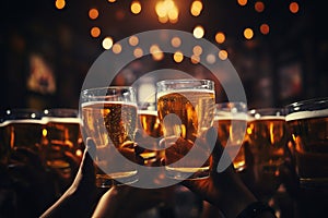 Friends enjoying happy hour at brewery pub closeup of beer glasses food and beverage