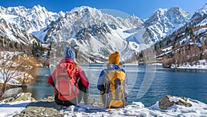 Friends enjoying scenic alpine lake view with majestic mountains in the background