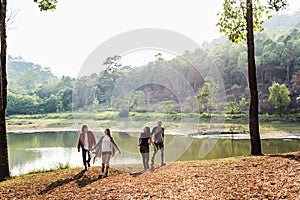 Friends Explore Nature Outdoors Concept photo