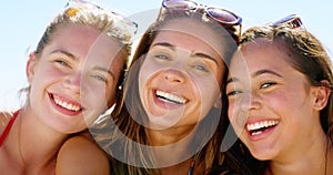 Friends, face and relaxing in outdoors for peace, smiling and vacation or laughing on holiday. Happy women, confidence