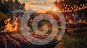 Friends and family savor kebabs at a cozy backyard barbecue during a beautiful sunset gathering photo