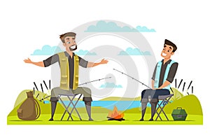 Friends fishing at river bank vector illustration