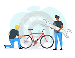 Friends fixing bicycle vector illustration