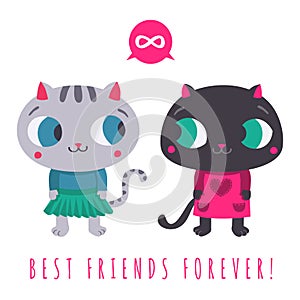 Friends forever cute grey cat in skirt and sweater and black cat in dress with speech bubble and infinity sign illustration