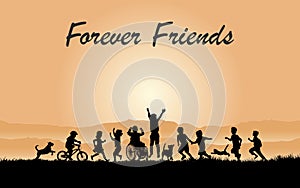 Friends forever Friendship children dog cat silhouette Illustration poster banner gift card background cover