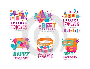 Friends Forever Logo Design with Balloons, Holiday Symbol and Bracelet Vector Set