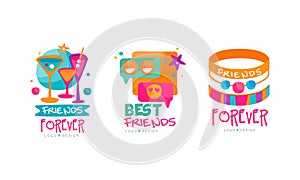 Friends Forever Logo Design with Cocktails and Bracelet Vector Set