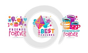 Friends Forever Logo Design with Cocktails and Bracelet Vector Set