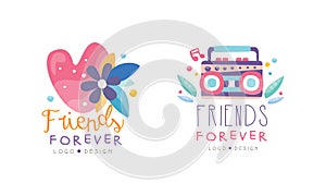 Friends Forever Logo Templates Set, Friendship Bright Hand Drawn Badges, Banner, Poster, Card, T-shirt Design Vector