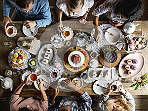 Friends Gathering Together on Tea Party Eating Cakes Enjoyment h