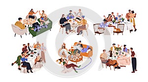 Friends gatherings around dinner tables set. Happy people eating, talking at home and restaurants parties, hangouts with