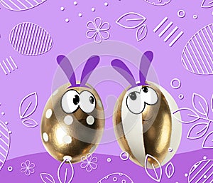 Friends. Golden painted funny cute eggs in cartoon style. Happy Easter traditions, mood. Concept of holidays, spring