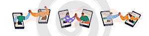 Friends greeting with high-five, hi gesture from mobile phone. Virtual meeting, remote conversation in smartphone