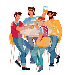 Friends group drinking beer and having fun together flat vector illustration isolated.